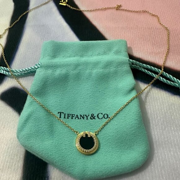 Tiffany & Co. 18k Diamond And Black Onyx Double T Round Pendant Necklace - Picture 1 of 6